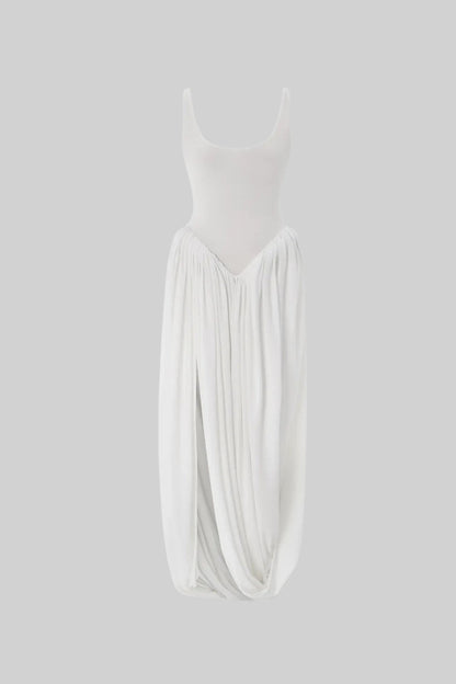 Draped Maxi Dress With Sculptural Skirt And Side Slit - White